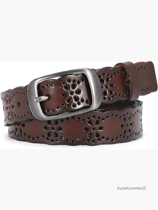 Women\'s Hollow Flower Leather Belt with Solid Pin Buckle - Soft, Durable, and
